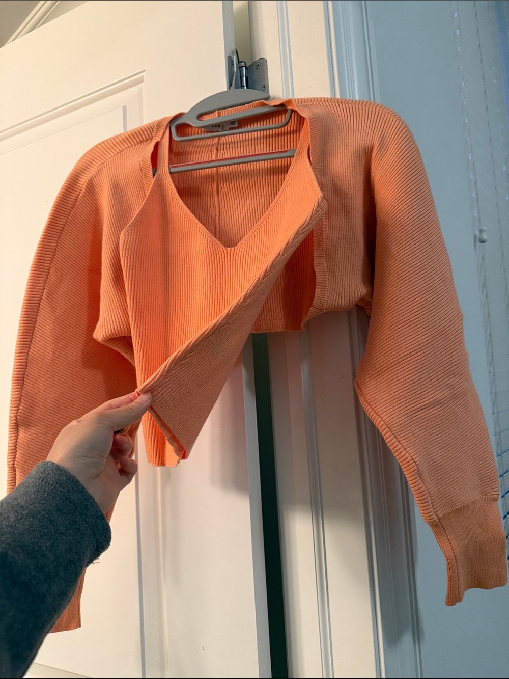 Lush Coral Ribbed Cropped V-Neck Sweater